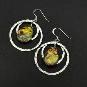 Sterling Silver Abalone Shell Hoop Dangle‎ Earrings Boho Beachy Earrings
